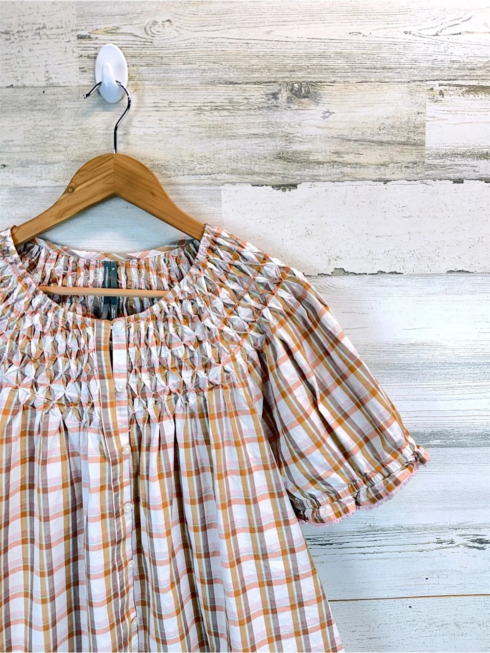 Anthropologie Plaid Smocked Peasant Blouse XL Cottagecore Boho